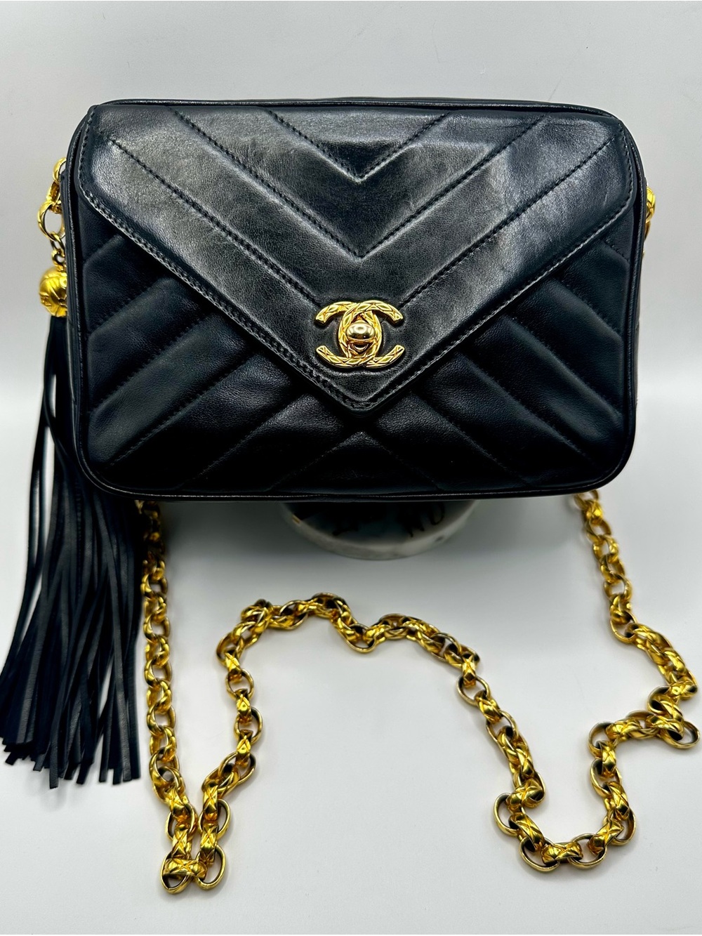 CHANEL Vintage Black Quilted Leather Crossbody with 24K Gold CC and Tassel